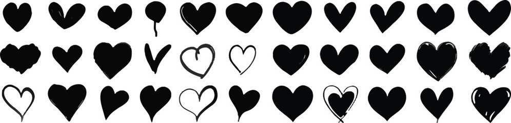 A set of black hearts with varying sizes and shapes. The hearts are drawn in a sketchy style, giving them a unique and artistic appearance