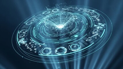 Abstract digital interface with circular elements and connected nodes, glowing in the dark. - Powered by Adobe