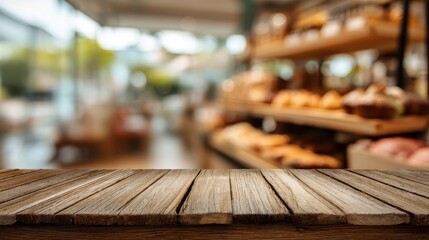 Wooden board empty table background. abstract blurred bakery shop background
