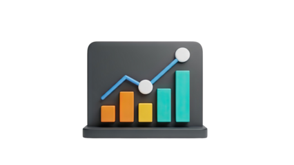 3D Bar Chart and Line Graph with Upward Trend on transparent background