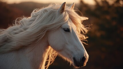 Obraz premium White pony with flowing mane illuminated by sunset