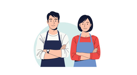 Professional man and woman wearing aprons standing with arms crossed in front of light blue circular background.