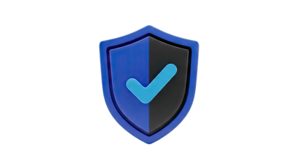 3D Blue shield with checkmark icon on transparent background