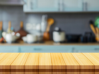 wooden table with blurred kitchen background