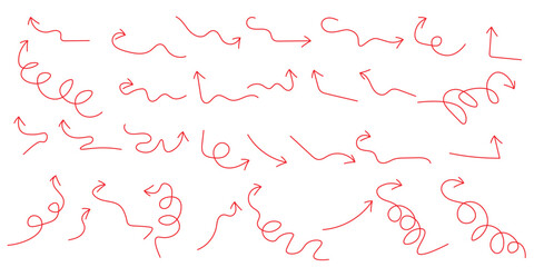 Hand drawn brush sketch red arrow line curve up, down shape chalk texture element set. © Kohinur