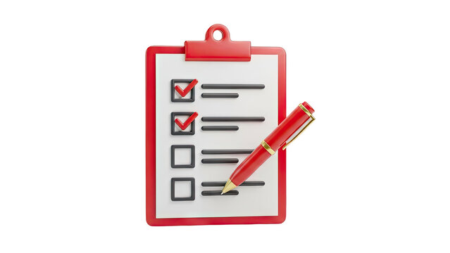 3D Clipboard with checklist and red pen on transparent background