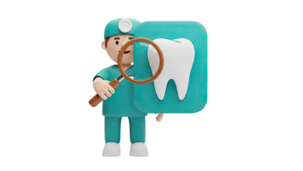 3D dentist character examining a tooth with a magnifying glass on transparent background