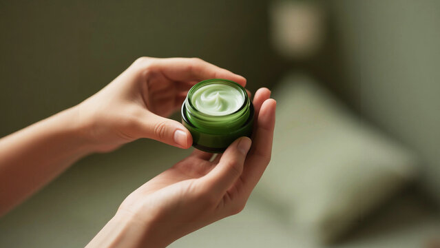 Close-up of Hands Holding a Small Green Jar of Cream.