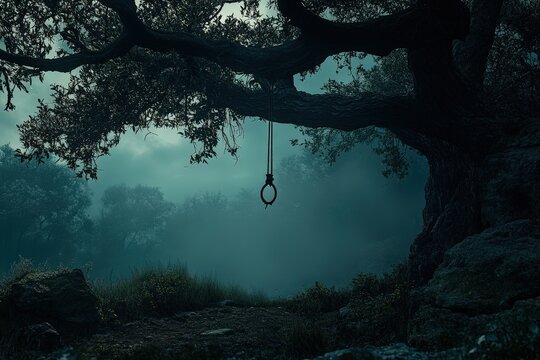 Gloomy forest scene with hanging noose.