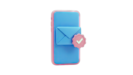 3D Envelope Icon on a Blue Smartphone Screen with Checkmark on transparent background