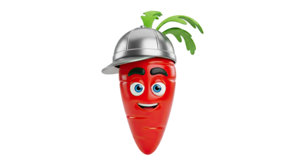 3D Funny cartoon carrot wearing a silver cap on transparent background