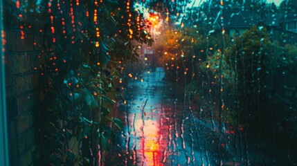 Rain-Streaked Window with City Lights and Greenery