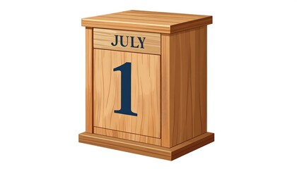 Cartoon illustration of a wooden calendar box showing July 1st