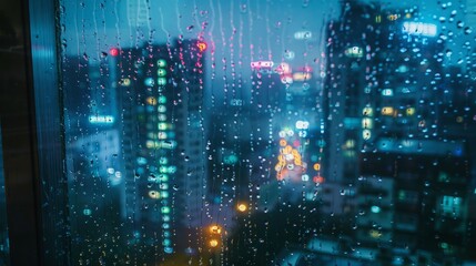 Raindrops on a Window with City Lights in the Background