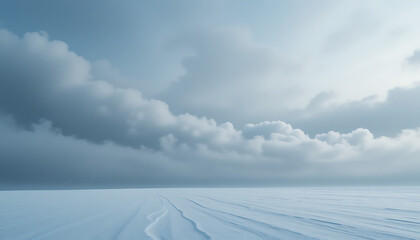 Vast expanse of snow-covered ground with wind-swept patterns under a cloudy sky winter frozen