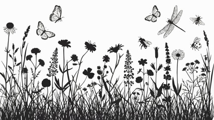 Black and White Illustration of Insects and Flowers. © Dandi