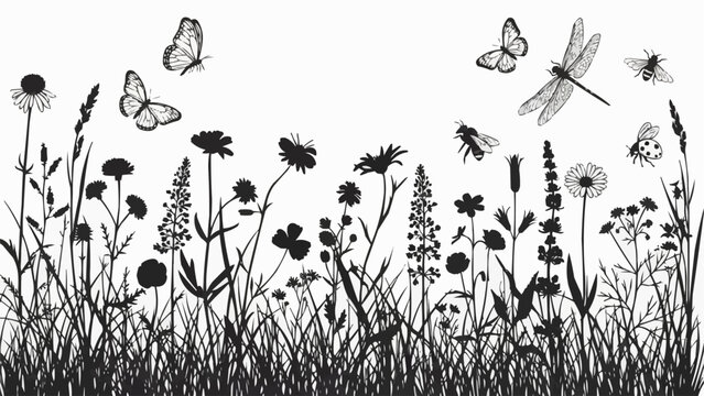 Black and White Illustration of Insects and Flowers.