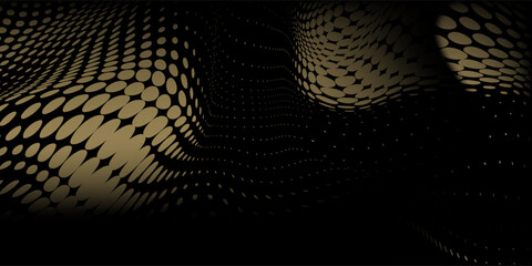 Flowing dot particles wave pattern 3D curve black and white gradient light isolated on black background. Vector in concept of technology, science, music.