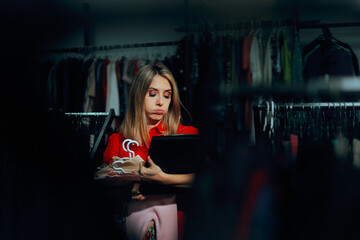 Commercial Worker holding a Clipboard and Clothes Hangers. Overwhelmed store manager feeling stressed out 
