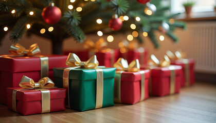 Obraz premium Colorful wrapped Christmas gifts under beautifully decorated tree for Epiphany celebration, warm ambiance, copy space