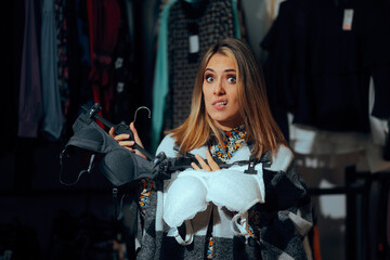 Puzzled Woman Wondering about Bra Sized and Colors. Shopper girl trying to find the best fitting intimate apparel