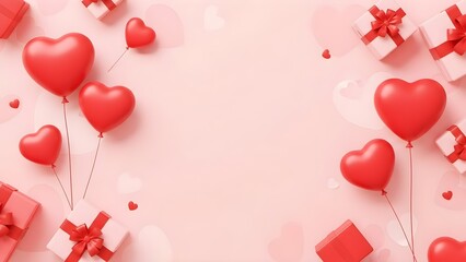 Romantic Valentine's Day flat lay with heart balloons, gifts, and delicate pink background.