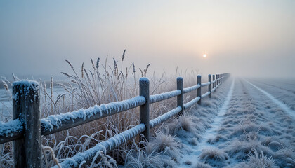 Frost covered wooden fence along a snowy path with dry grass and a hazy sun in the distance Keywords: winter, frost, fence, snow, path, grass, sun, hazy, mist, cold, rural, landscape, nature