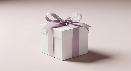 Fototapeta premium Elegant White Gift Box with Lavender Ribbon on a Soft Pink Background.