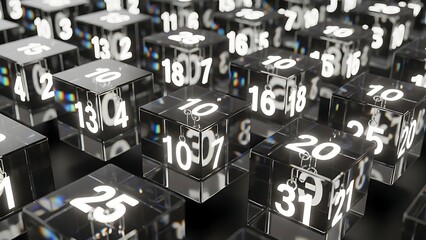 Abstract random number cubes with black and white numeric characters