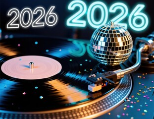 Vintage Vinyl Record with Disco Ball and Bright Numbers