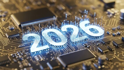 Glowing 2026 on futuristic circuit board technology background