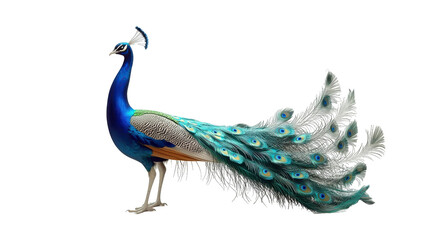 Fototapeta premium An elegant peacock stands against a black background showcasing iridescent blue plumage and long ornate tail feathers
