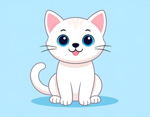 Obraz premium Cartoon-style kitten with big blue eyes, a pink tongue, and white fur