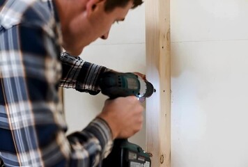 Skilled male carpenter uses electric drill to create hole in wooden stud while working on home renovation project inside building showing craftsmanship and motion