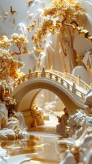 Serene landscape depicts a stone bridge arching over a tranquil river. The scene is bathed in golden light. Mountains and foliage are rendered in soft hues