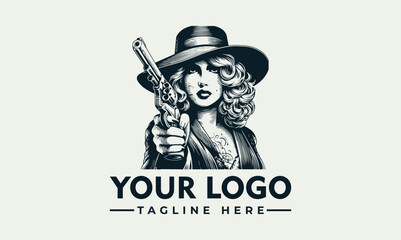 A black and white vector logo featuring a woman holding a gun wearing a hat with a placeholder for your logo and tagline on a plain background.