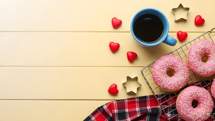 Cozy breakfast setup with donuts strawberries and coffee on a rustic wooden table