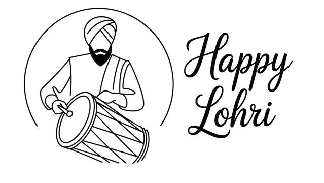 Happy lohri minimalist line art illustration of punjabi man playing dhol with elegant handwritten typography for indian harvest festival celebration design