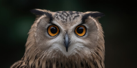 Horned owl wildlife bird animal predator hunter nocturnal night watching alert eye head beak feather ear majestic forest nature wild habitat perched branch tree natural light outdoors portrait