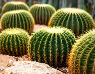 Several large, round cacti are featured in a close-up shot, their green and yellow spines catching the light amidst small rocks