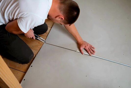 Skilled worker in white t-shirt and dark pants kneeling on floor meticulously cuts drywall with utility knife guided