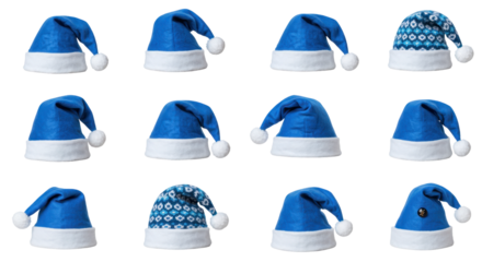 Festive Blue Hats: A grid arrangement showcases a vibrant collection of blue santa hats, each exuding a festive spirit with unique designs, capturing the essence of the holiday season.