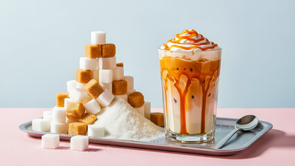 A caramel iced coffee topped with whipped cream beside stacked sugar cubes and loose sugar, illustrating sweetness and indulgence.