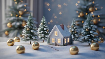 Winter Wonderland: A charming miniature house nestled amidst a snowy landscape, adorned with festive Christmas trees and shimmering golden ornaments, creating a warm, inviting scene of holiday cheer.