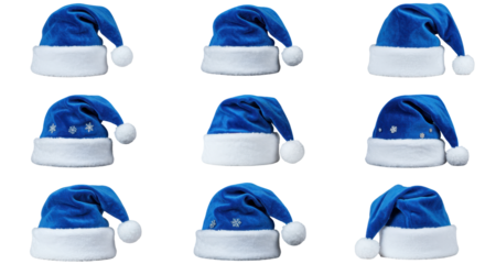 Festive Array of Christmas Caps: A grid of elegant, plush blue Santa hats, each adorned with a classic white trim and fluffy pompom, exudes the enchanting spirit of the holiday season.