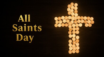 All Saints Day text with lit candles forming cross on dark background. Christian holiday celebration with burning light.
