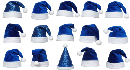 Festive Array of Christmas Caps: A vibrant arrangement of blue and white Christmas hats with charming pom-poms, embodies the holiday spirit, ready for seasonal cheer.