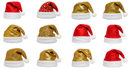Festive Santa Hats Display: A collection of vibrant Santa hats with various textures and colors, perfect for holiday-themed projects or festive designs.