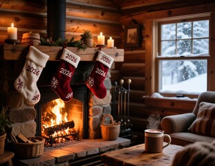 Cozy Winter Cabin with Festive Stockings by Fireplace