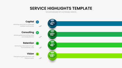 Science Plan 4 Element Diagram Slide Design. Service Portfolio Slideshow Template Vector Illustration. Elegant Profile Four Option Chart Presentation Layout.